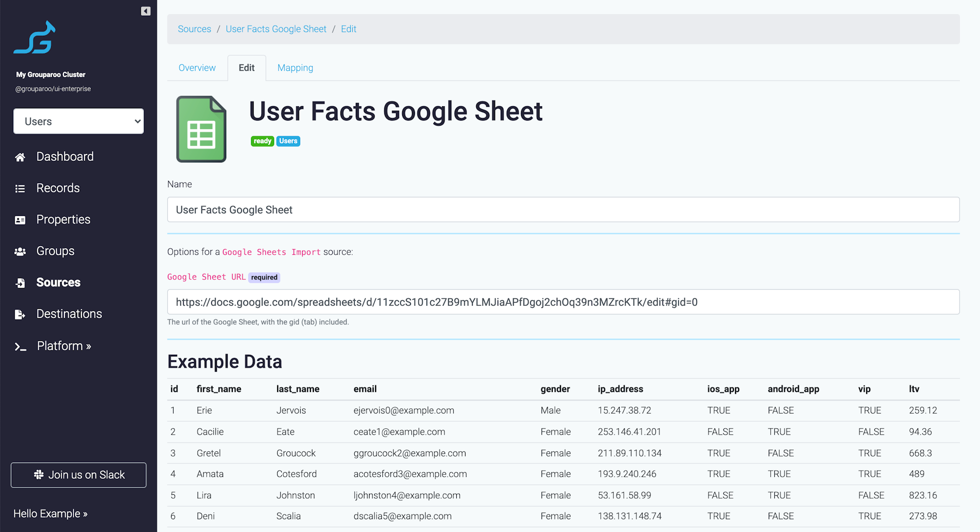 Grouparoo Google Sheets source settings